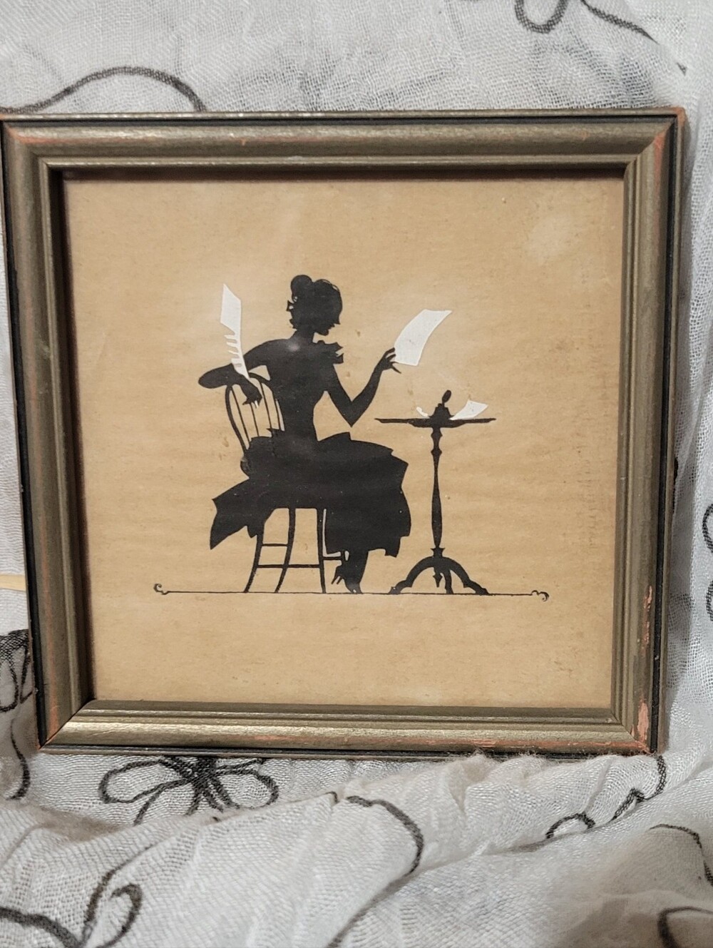 Vintage Framed Silhouette "Woman Writing at Small Desk " 4"